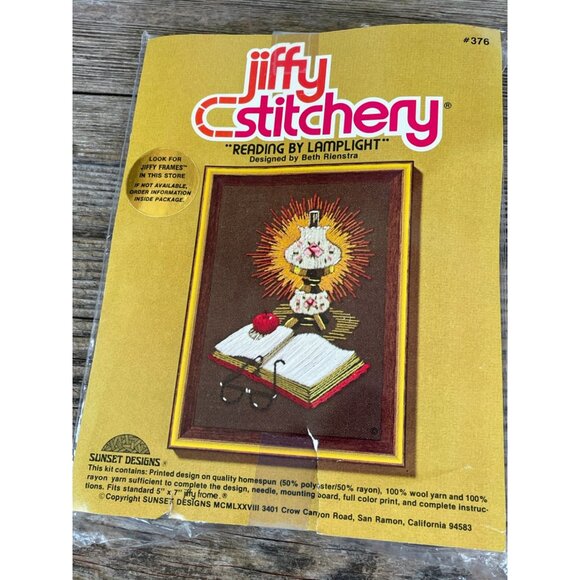 Vintage 1970s Jiffy Stitchery Crewel Embroidery Kit Reading By Lamplight - Picture 1 of 6